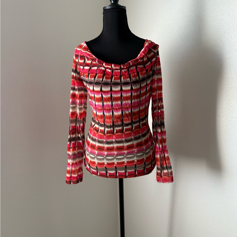 Red and Pink Patterned Long Sleeve Mesh Top- Size Small